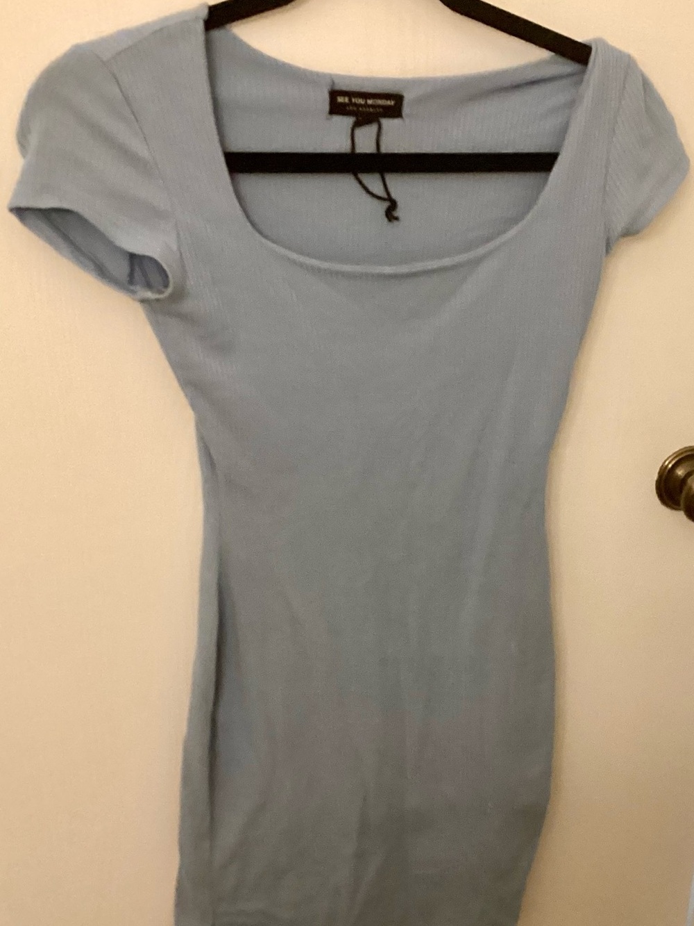 See You Monday Pale Blue Ribbed Scoop Neck Tee